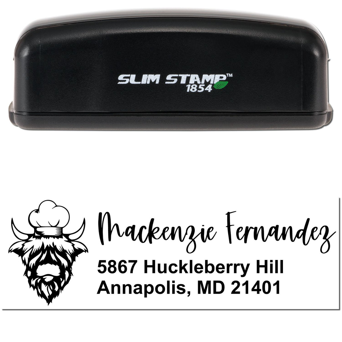 Black Slim Stamp 1854 self-inking address stamp with bison logo, Mackenzie Fernandez, and Annapolis, MD text on white paper.