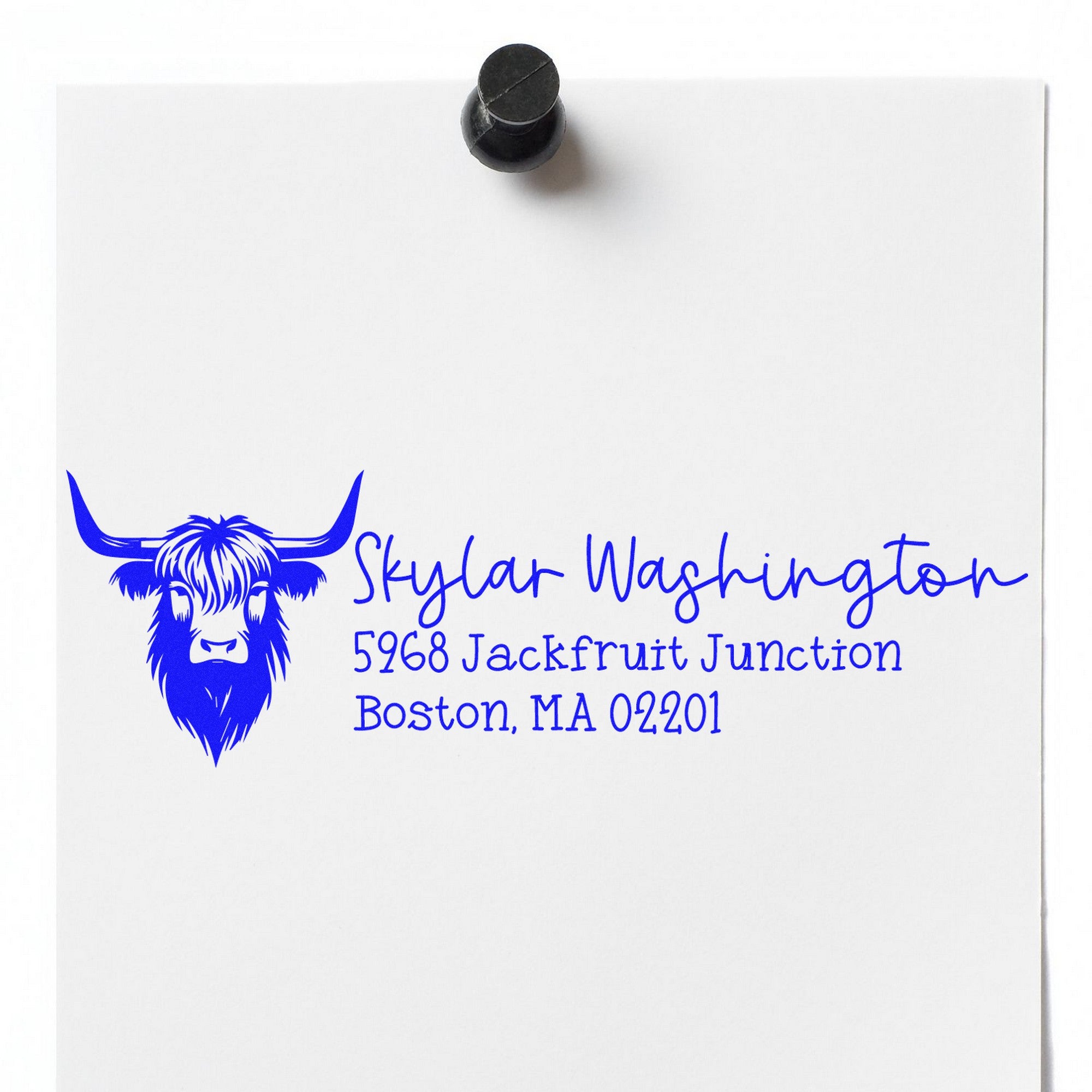 Black rubber stamp on white paper with blue custom seal featuring a longhorn logo, name, and address.