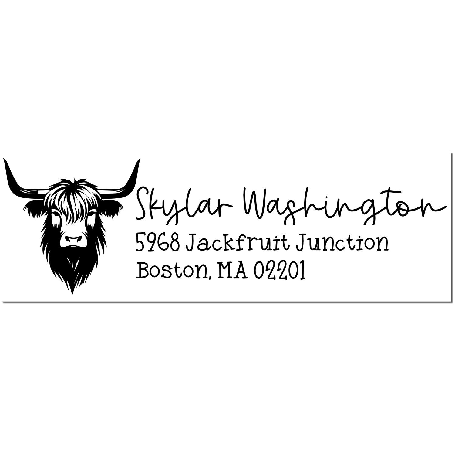 Black-and-white custom address stamp and seal with longhorn cow head, Skylar Washington, Boston, MA 02201.