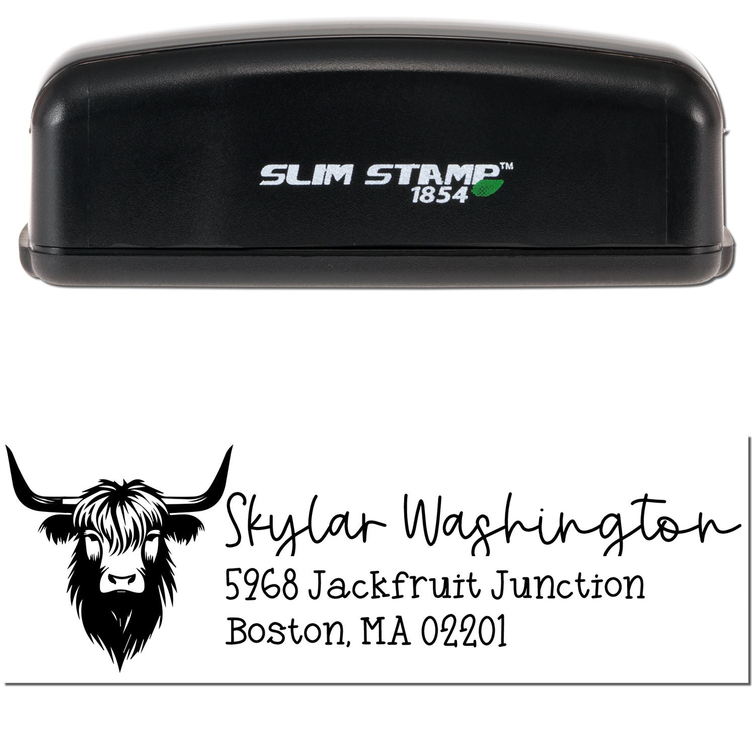 Black Slim Stamp 1854 self-inking stamp and custom seal with bull logo, black text, and Skydar Washington address.