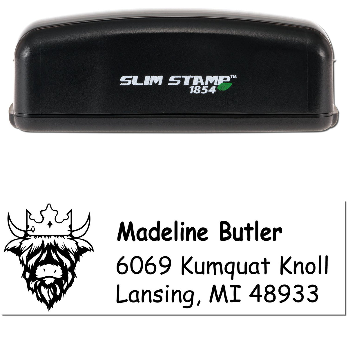 Black Slim Stamp 1854 self-inking stamp with custom address seal, black bison logo, and black text on white.