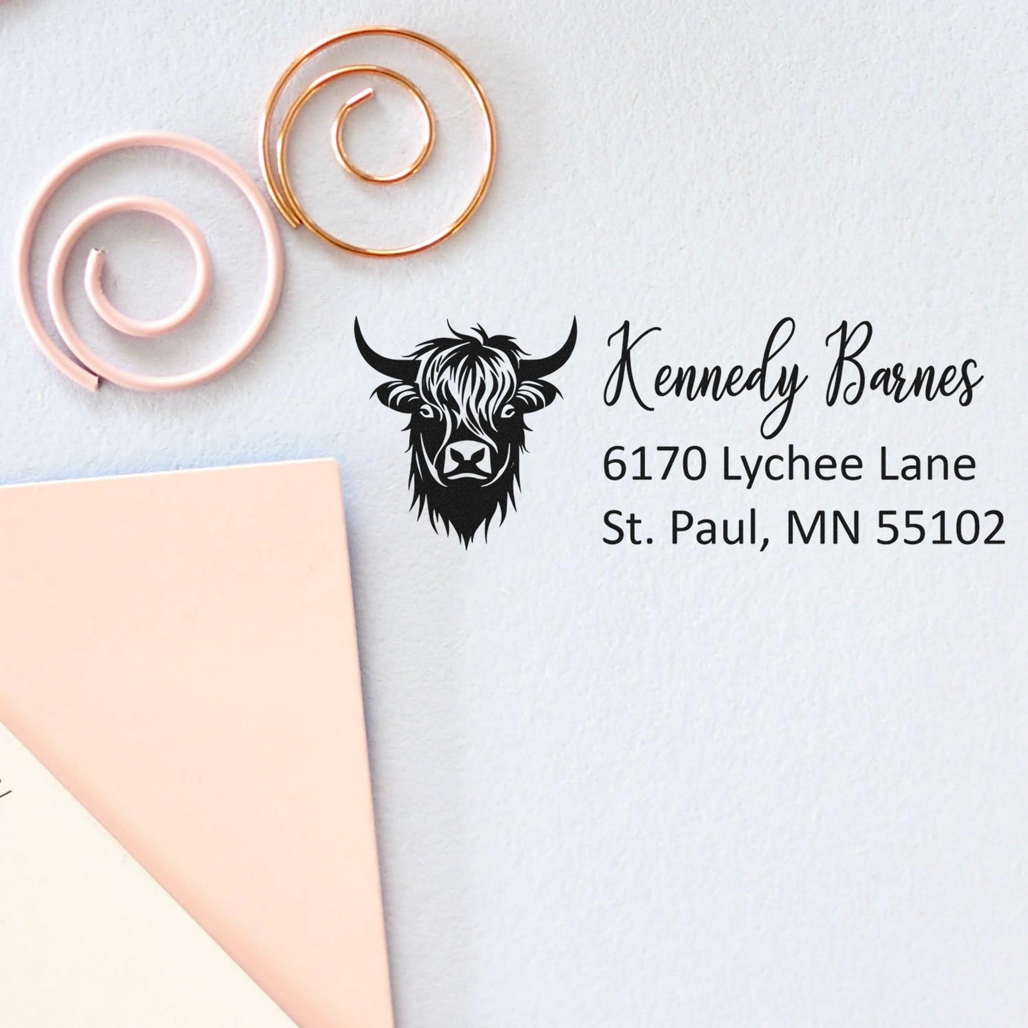 PSI Camouflaged Highland Cow Custom Mailing Address Pre-Inked Stamp - Engineer Seal Stamps