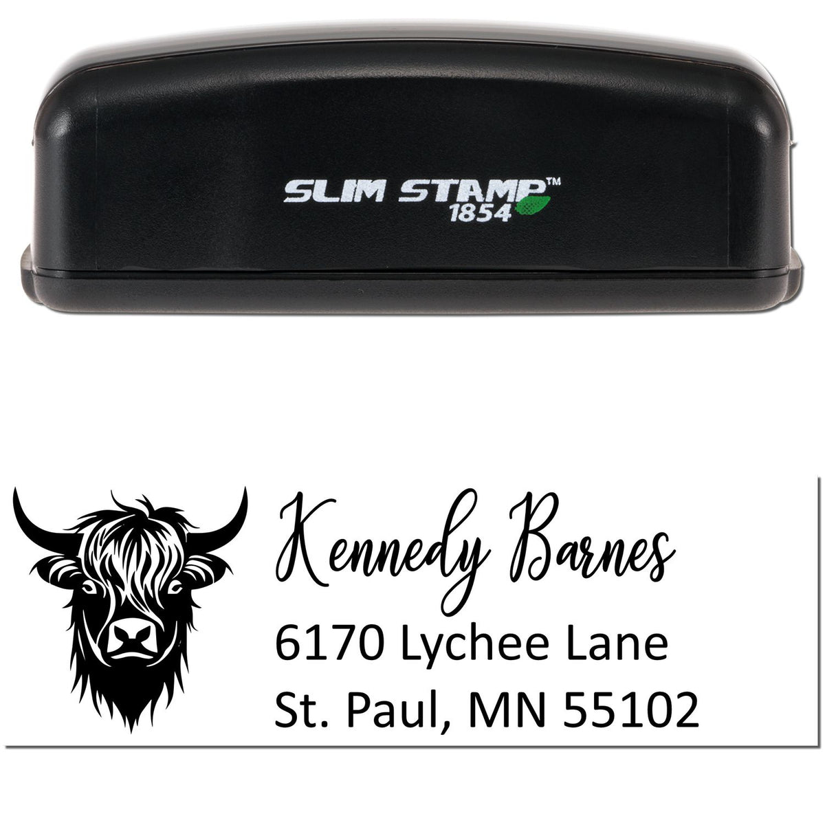 Black Slim Stamp 1854 self-inking stamp with custom bison seal, Kennedy Barnes name, and St. Paul, MN address.