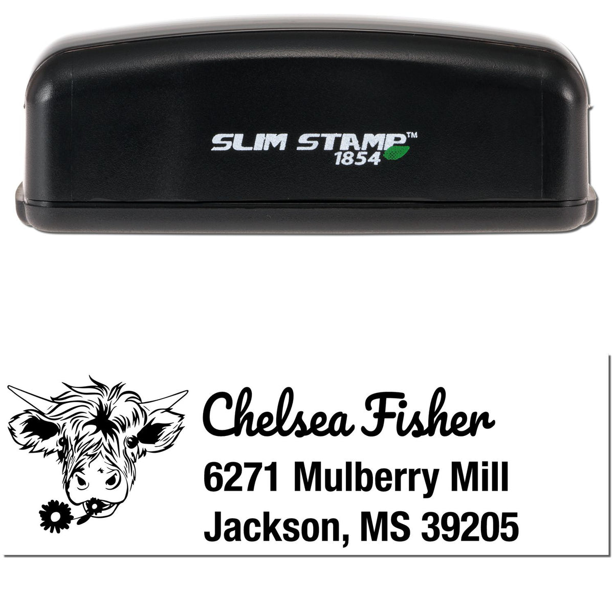 Black Slim Stamp 1854 self-inking address stamp with cow logo for Chelsea Fisher, Jackson, MS.