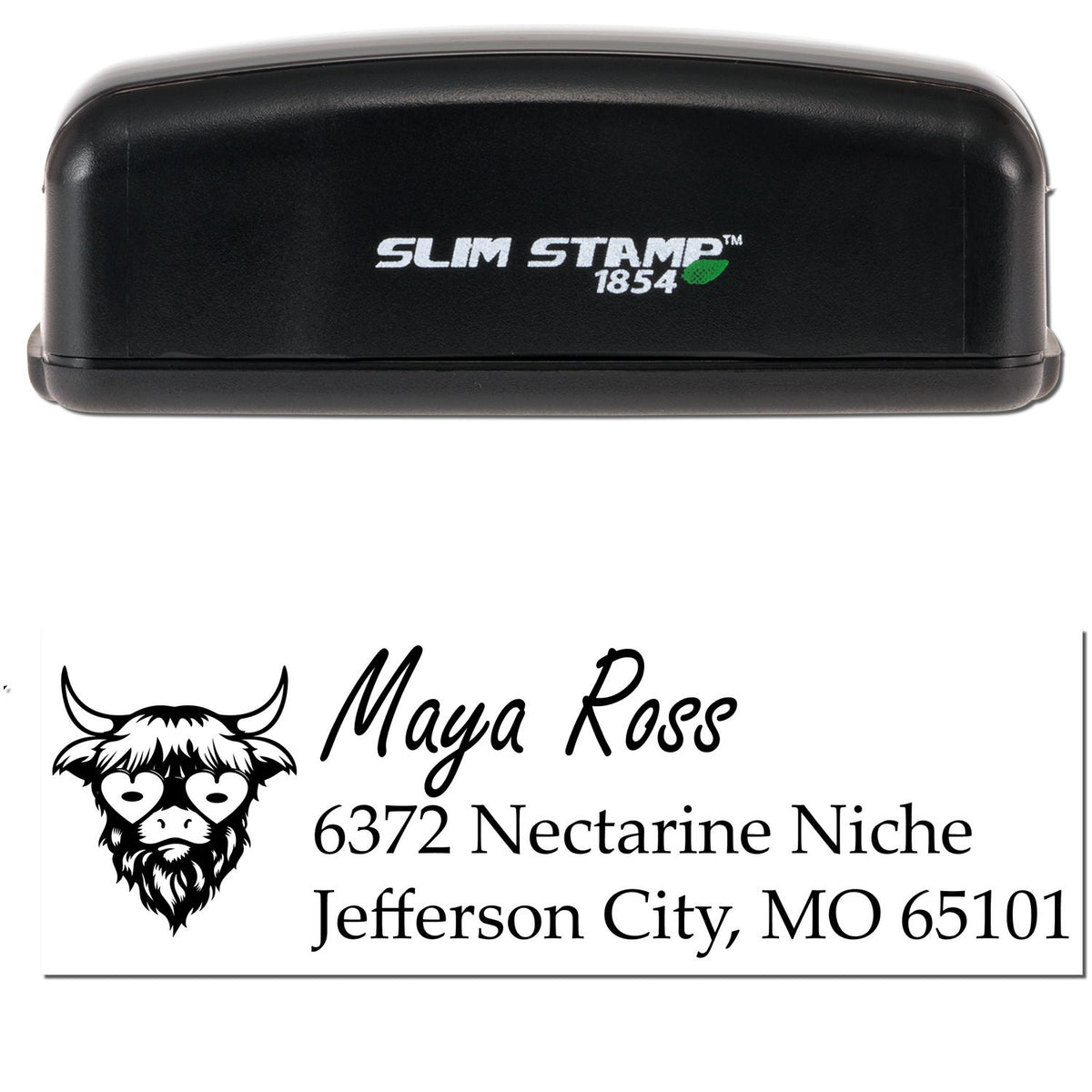 Black Slim Stamp 1854 custom return address stamp with llama logo, Maya Ross name, and Jefferson City, MO text.