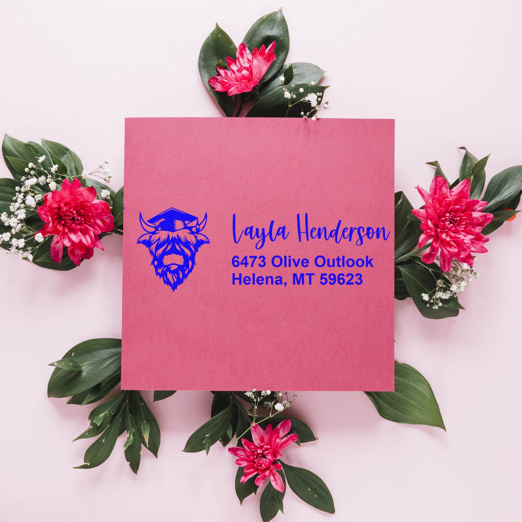 PSI Grazing Highland Cow Custom Home Address For Envelopes Pre-Inked Stamp - Engineer Seal Stamps