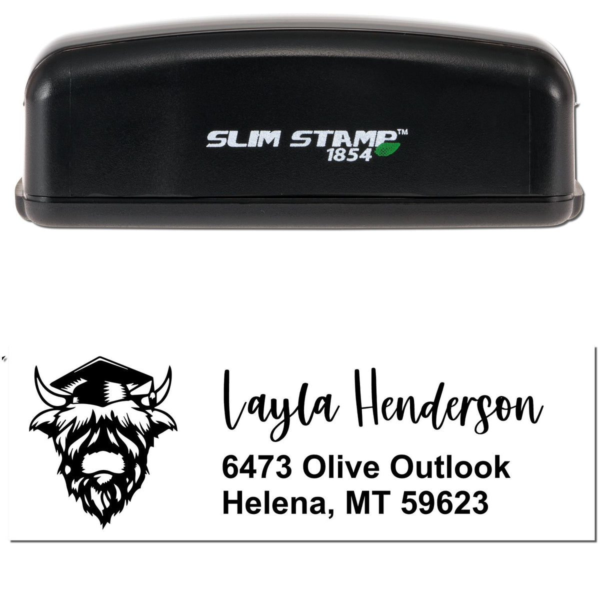 Black Slim Stamp 1854 self-inking return address stamp with bison logo, Layla Henderson name, and Helena, MT address