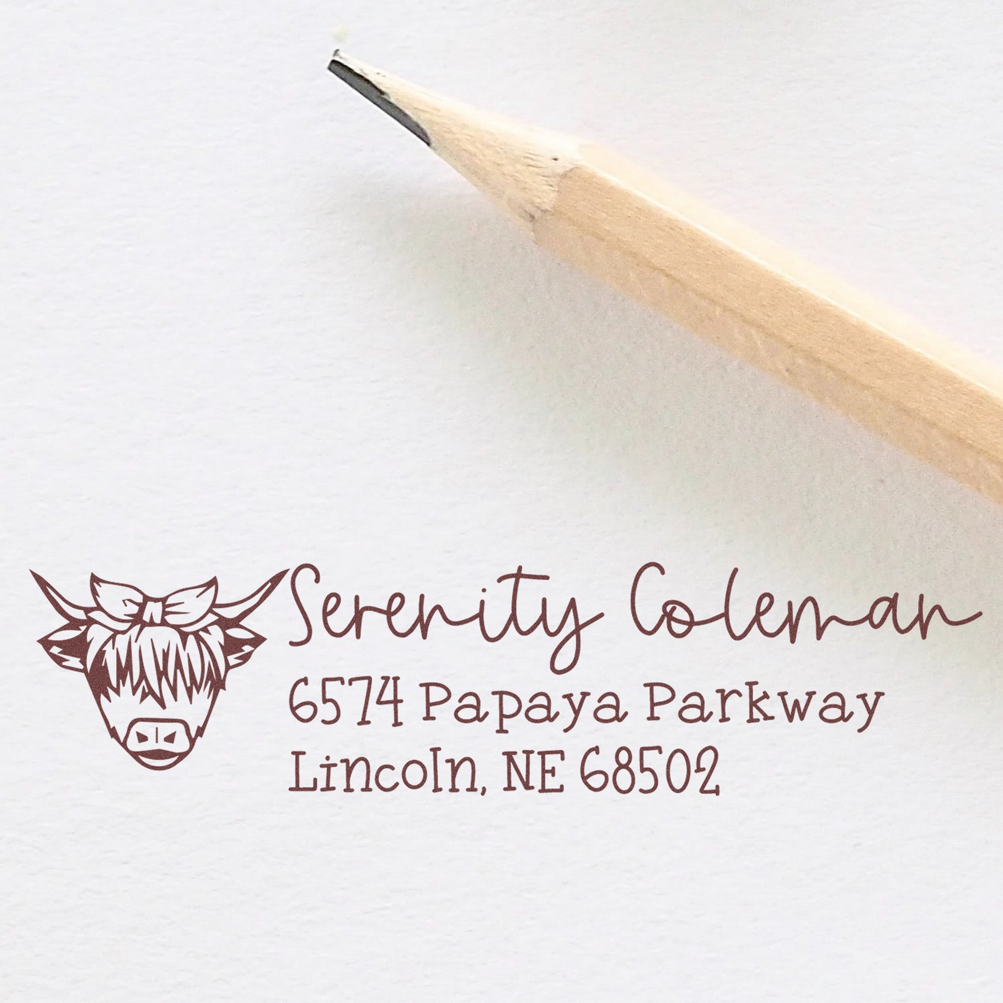 PSI Lazy Highland Cow Custom Address Label Pre-Inked Stamp - Engineer Seal Stamps