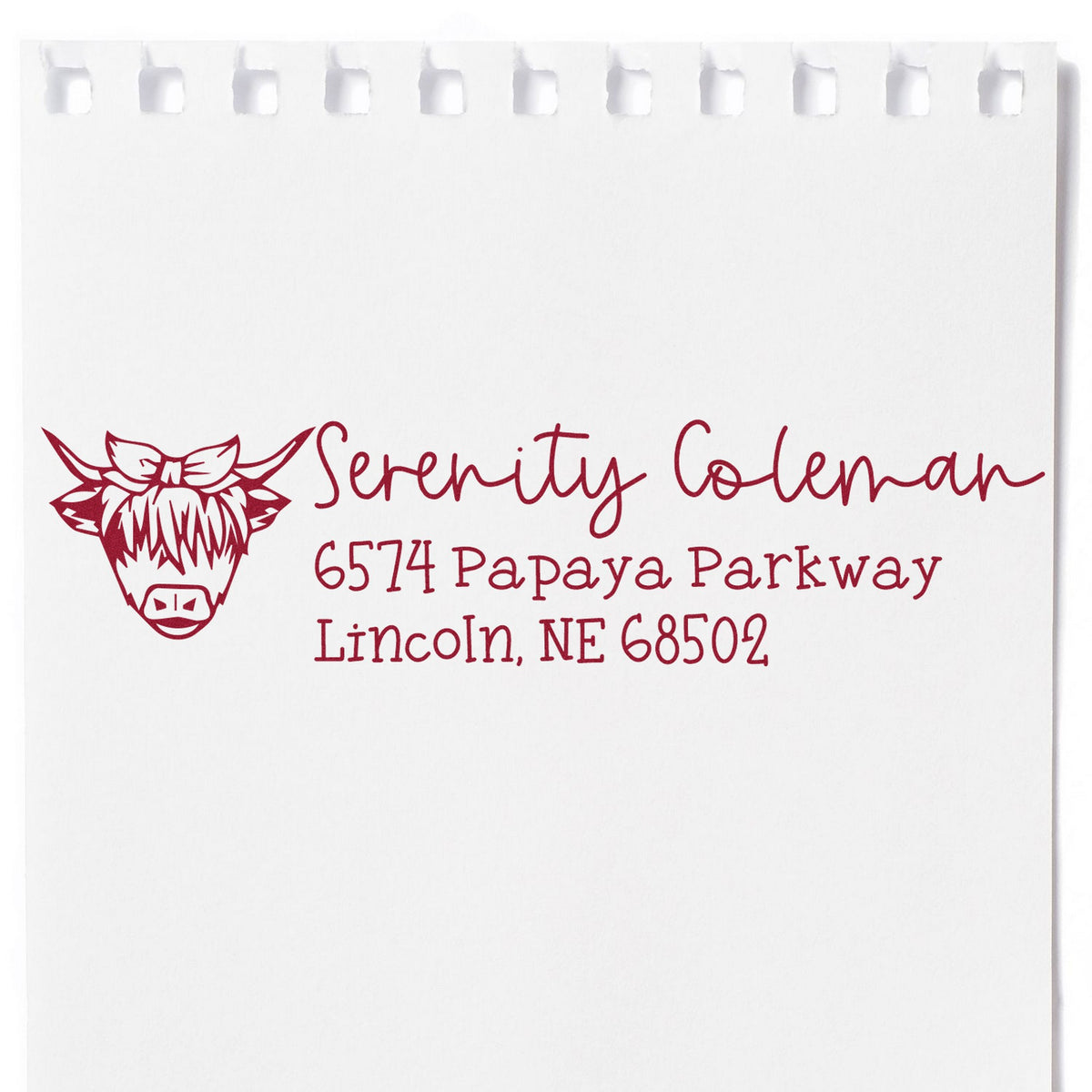 Burgundy custom address stamp and seal on white paper, with cow logo, Serenity Coleman name, and Lincoln, NE address.
