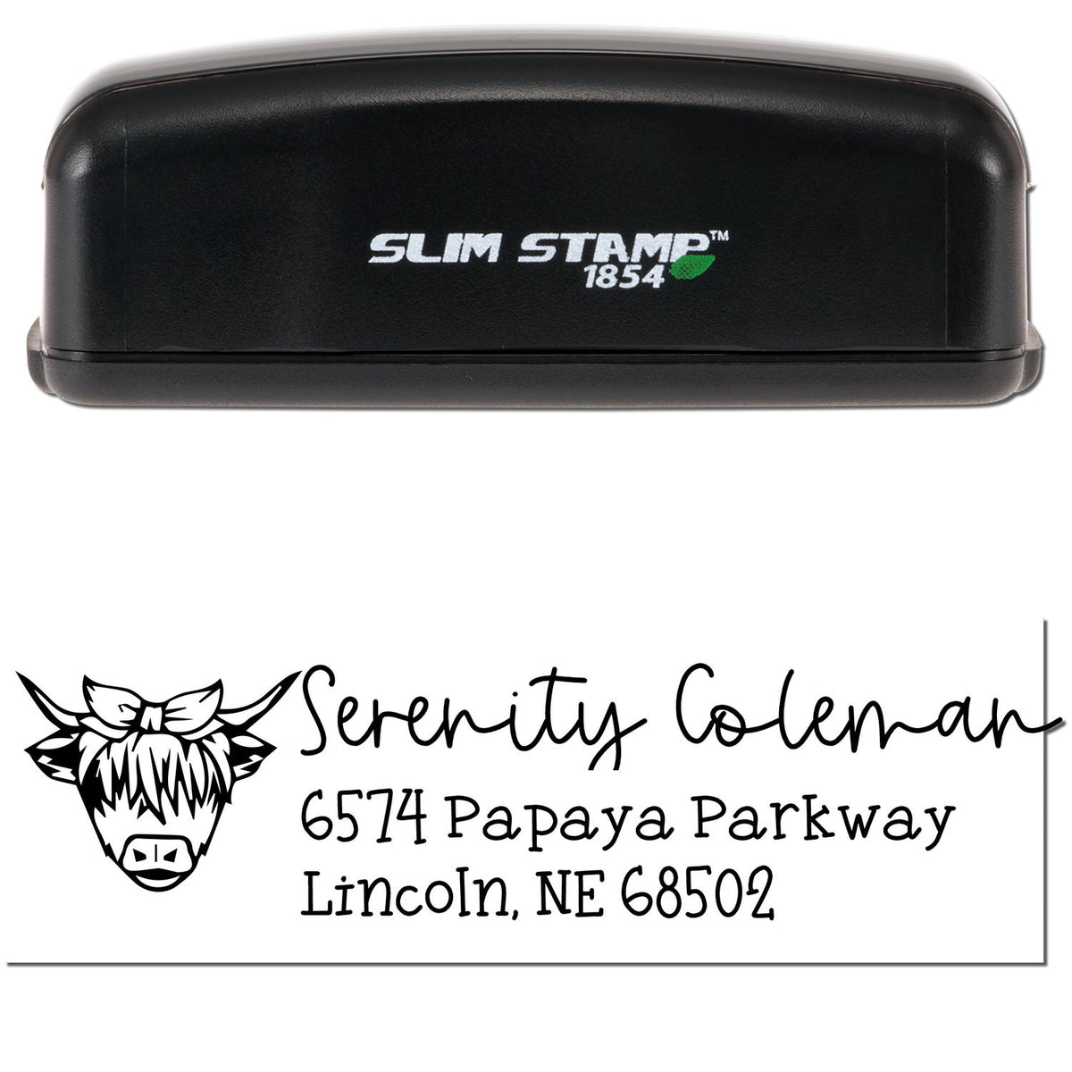 Black Slim Stamp 1854 self-inking stamp with custom cow logo and address seal in black.