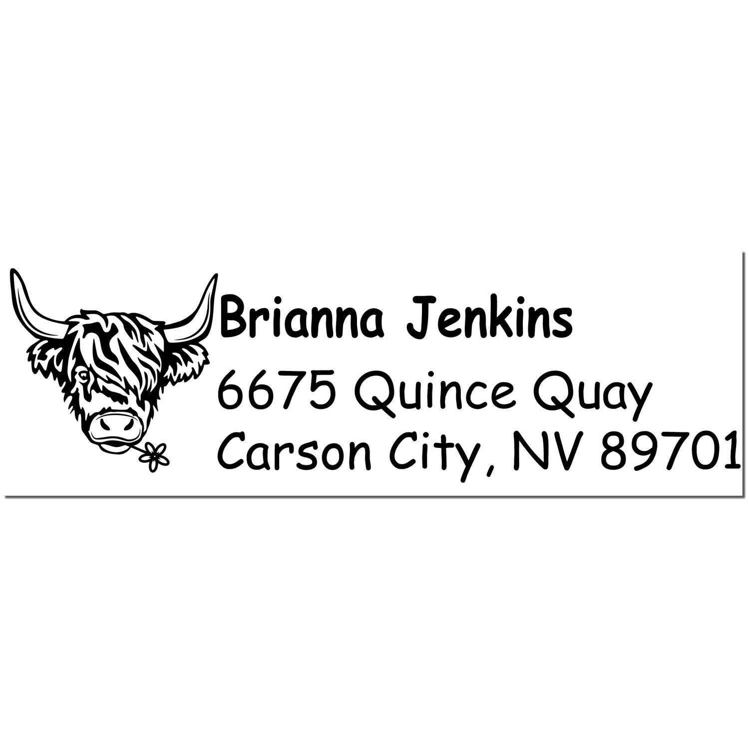 Black custom return address stamp with Highland cow seal, Brianna Jenkins, 6675 Quince Quay, Carson City, NV 89701.