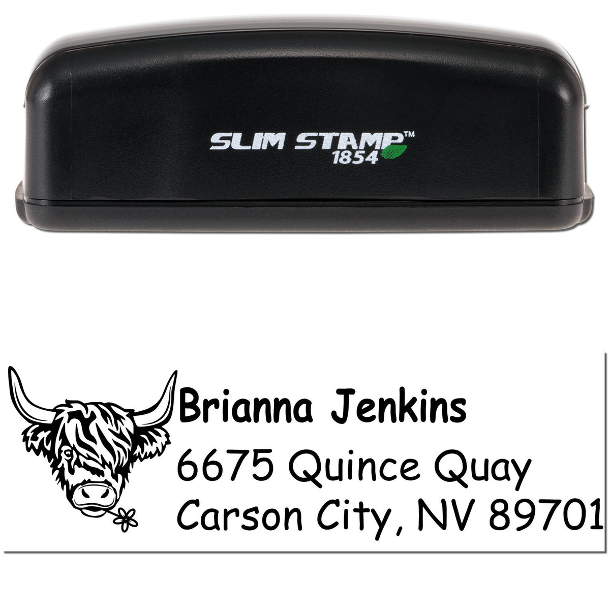 Black Slim Stamp 1854 self-inking stamp with custom address seal, cow logo, and Brianna Jenkins, Carson City, NV 89701.