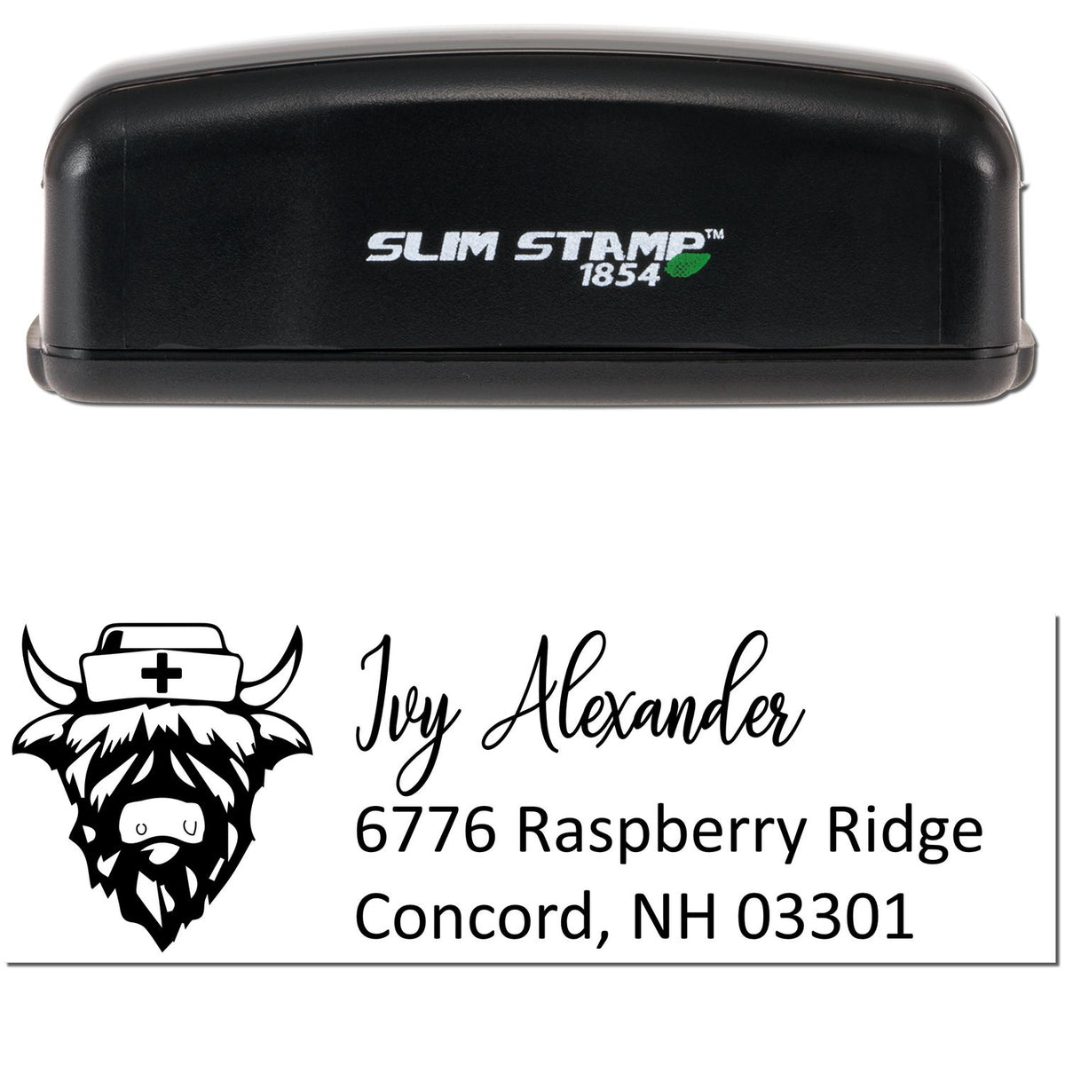Black Slim Stamp 1854 self-inking stamp with white nurse seal, Ivy Alexander name, and Concord, NH address