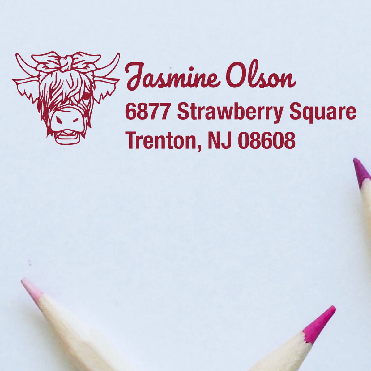 Red custom stamp and seal with cow logo, Jasmine Olson address, on white paper with pink pencil tips.