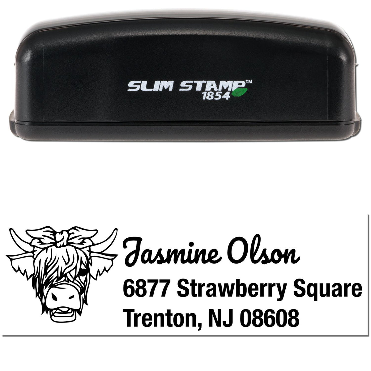 Black Slim Stamp 1854 self-inking stamp and custom address seal with cow graphic, black text on white background