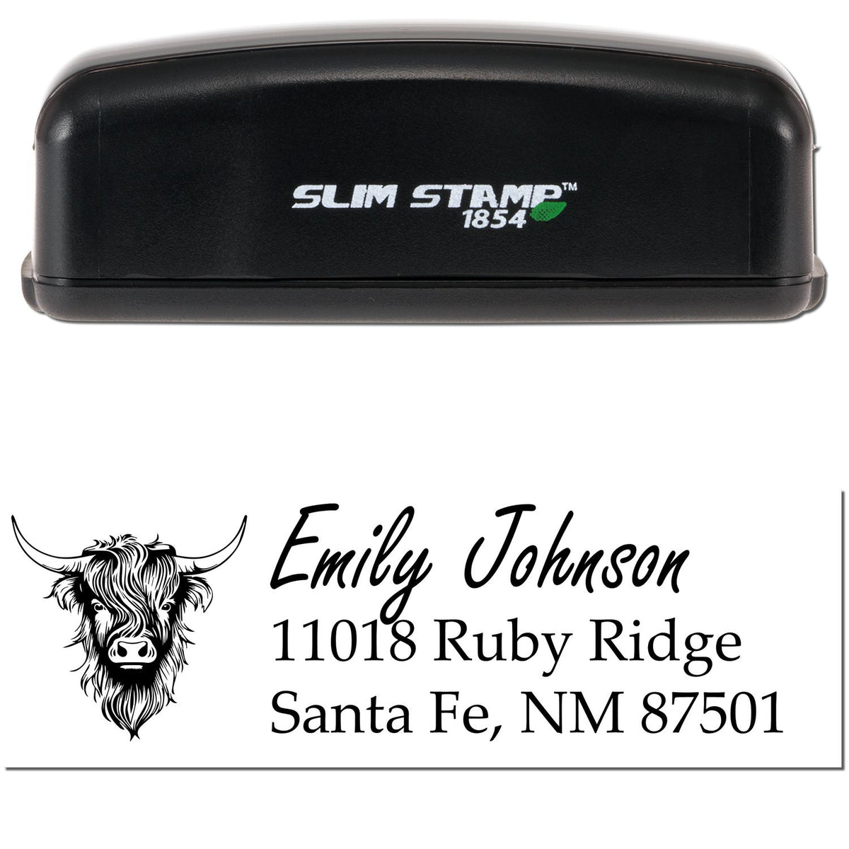 Black Slim Stamp 1854 custom address stamp with longhorn seal and black script text for Emily Johnson, Santa Fe, NM