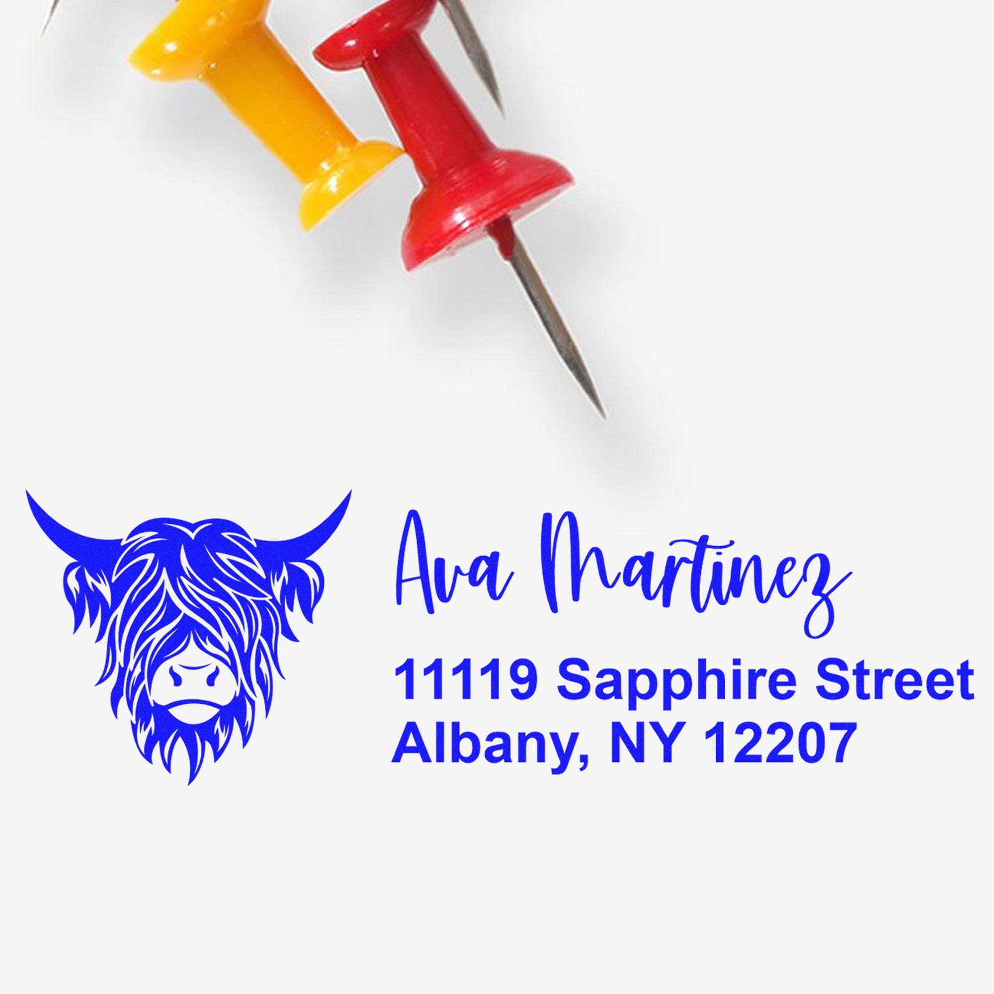 Red and yellow self-inking stamps with custom blue seal for Ava Martinez, featuring a cow logo and Albany, NY address