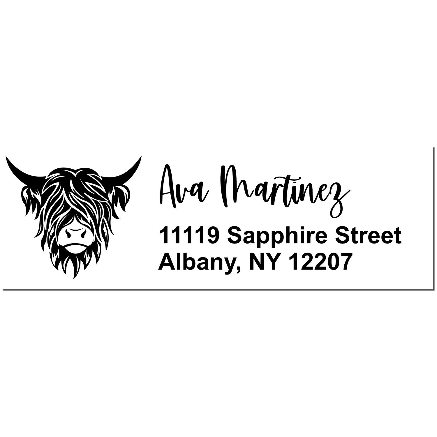 Black custom stamp seal with Highland cow logo, Ava Martinez name, and Albany, NY address on a white background.