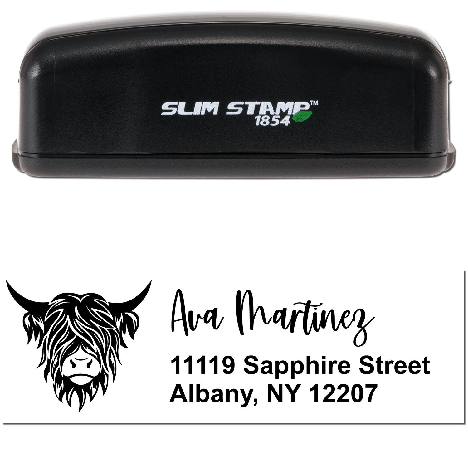 Black Slim Stamp 1854 custom seal with cow logo, Ava Martinez name, and Albany, NY address on white background.