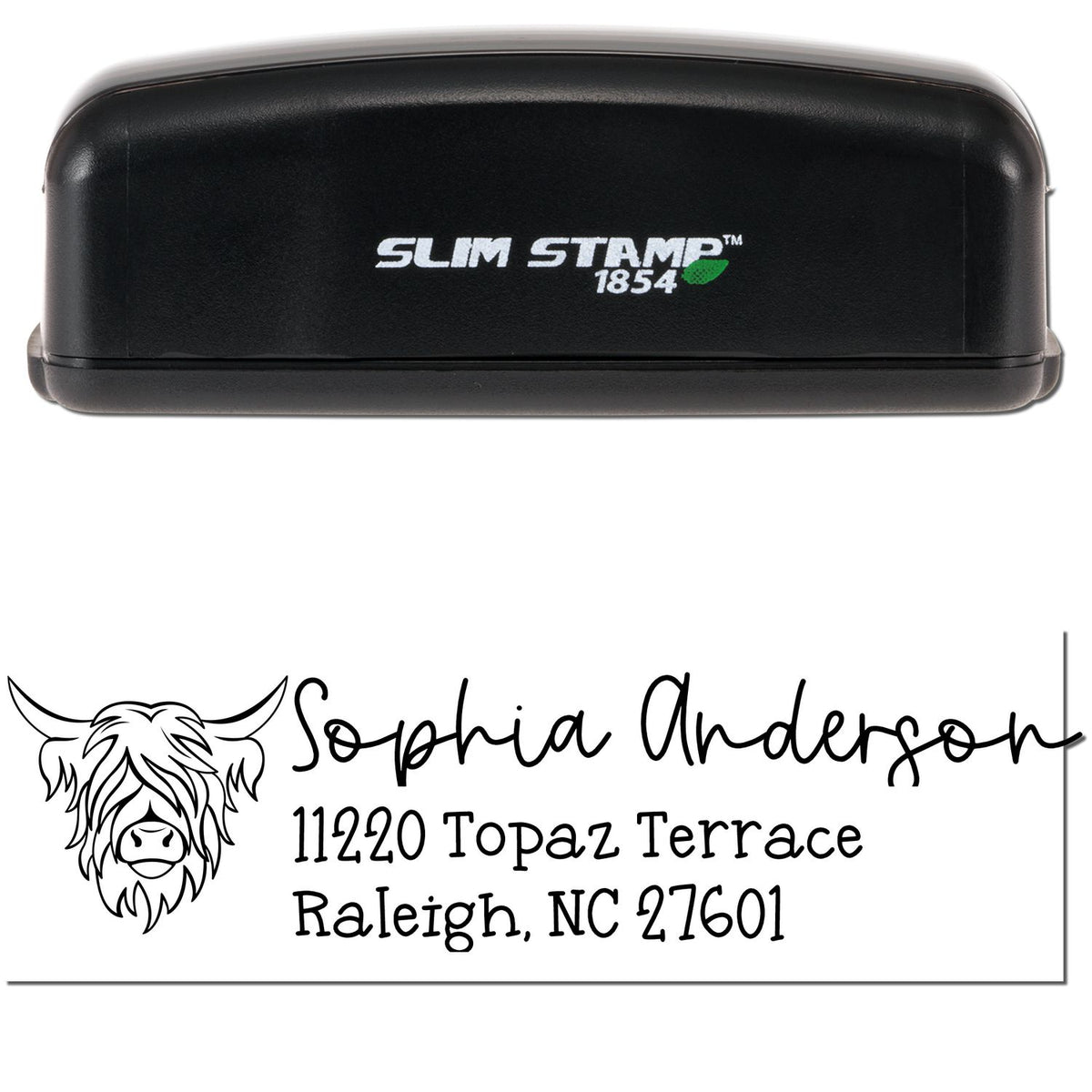 Black Slim Stamp 1854 custom stamp and seal with Highland cow logo, black script address text, and green leaf accent.
