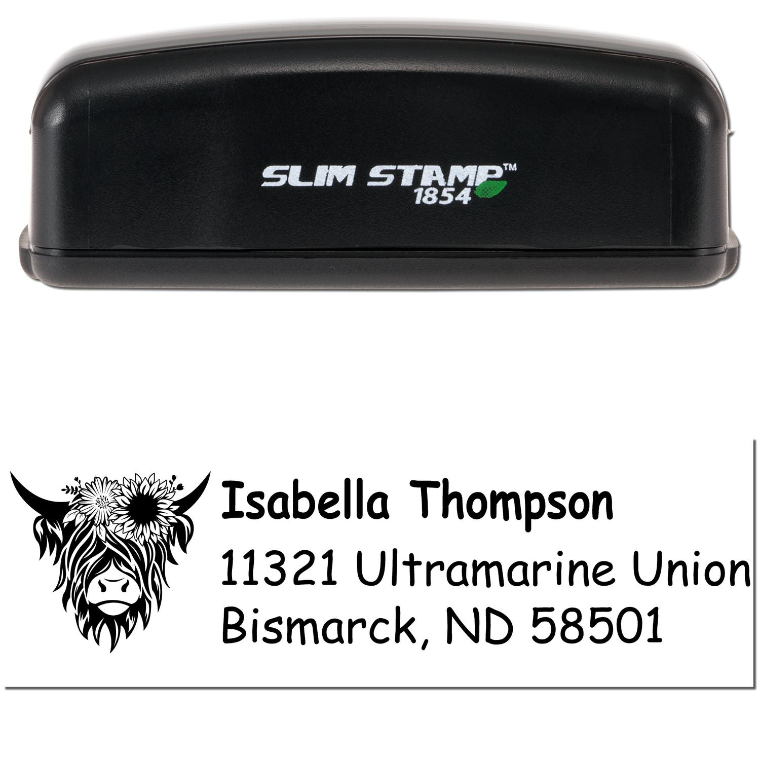Black Slim Stamp 1854 self-inking stamp with custom cow logo, Isabella Thompson name, and address seal.