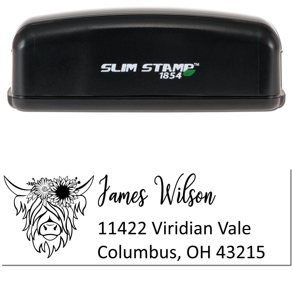 Black Slim Stamp 1854 custom address stamp with floral cow logo, James Wilson name, and Columbus, OH address on white.