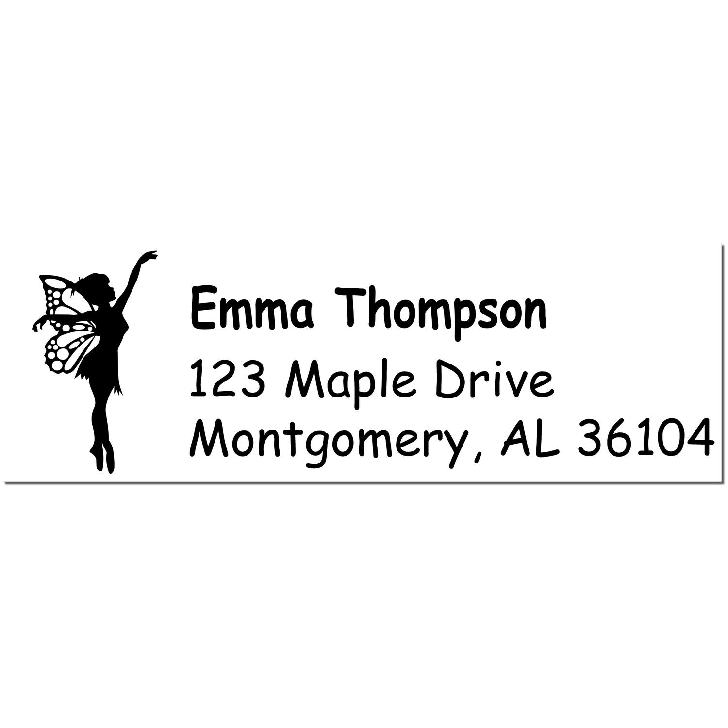 Black personalized address stamp with fairy silhouette and text: Emma Thompson, 123 Maple Drive, Montgomery, AL 36104.