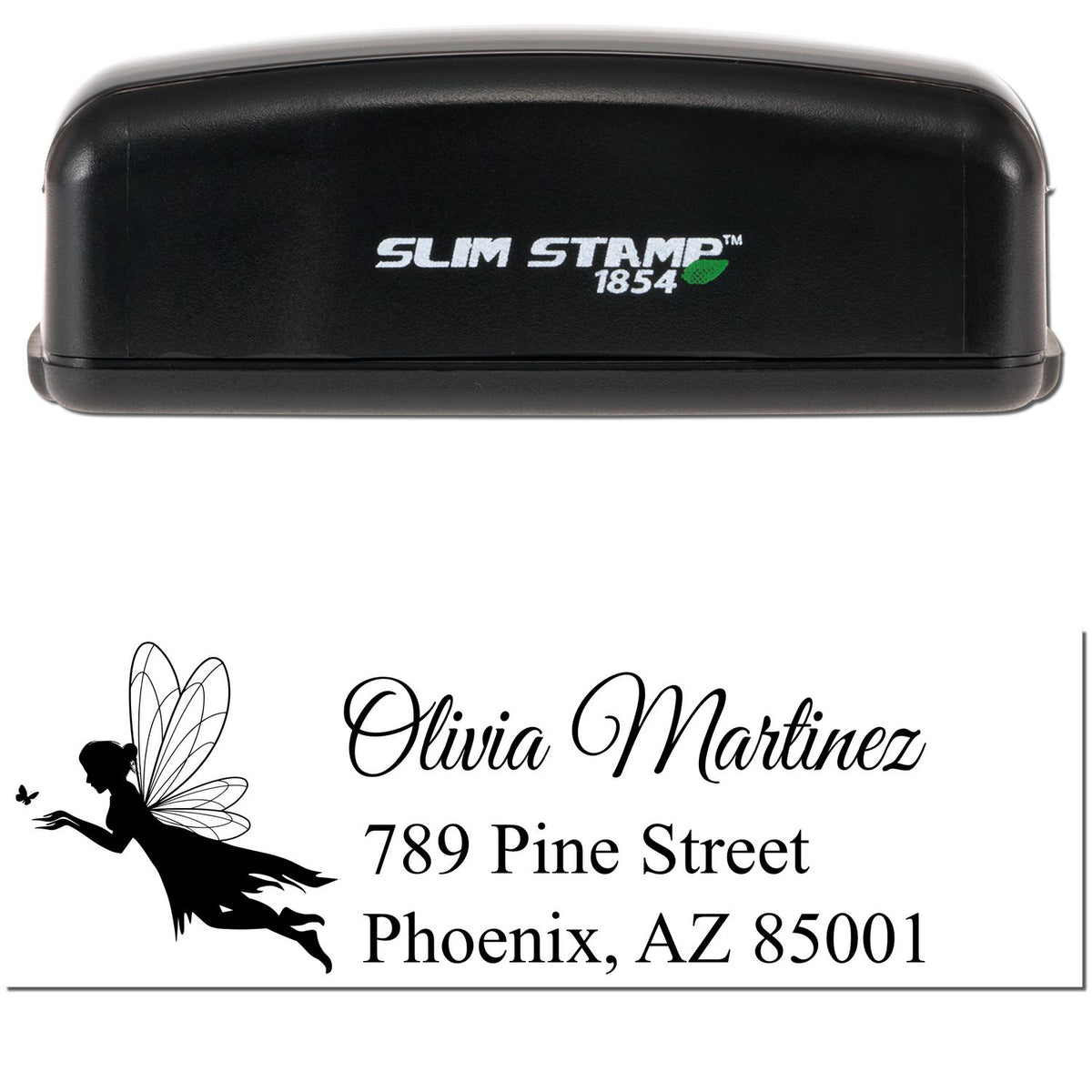 Black Slim Stamp 1854 self-inking stamp with fairy silhouette and custom address seal on white background.