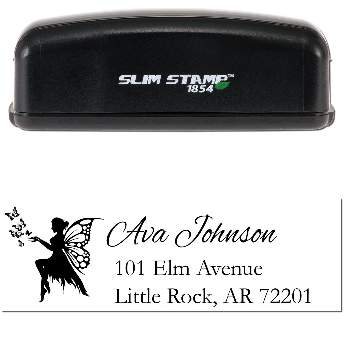 Black Slim Stamp 1854 self-inking stamp and custom address seal with fairy silhouette, butterflies, and black text