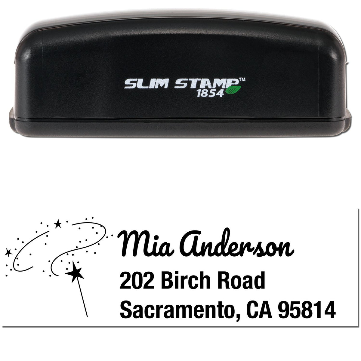 Black Slim Stamp 1854 self-inking stamp with sample black name/address seal and decorative star swirls