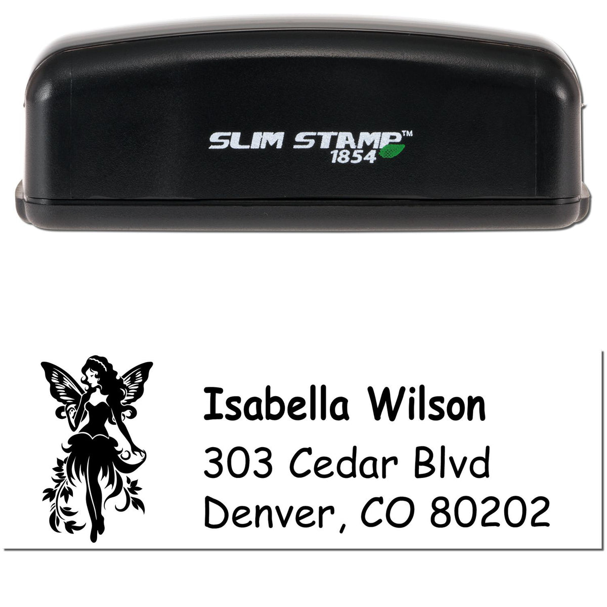 Black Slim Stamp 1854 self-inking stamp with matching seal, fairy graphic, and Isabella Wilson Denver address on white.