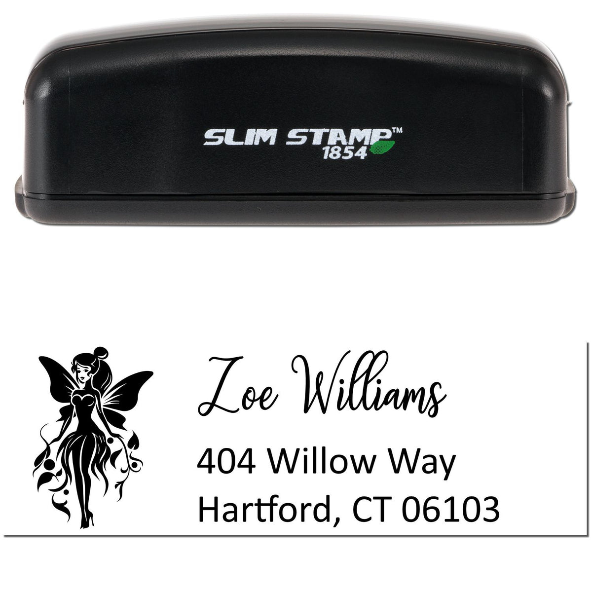 Black Slim Stamp 1854 self-inking address stamp with fairy graphic, custom name, and Hartford address in black.