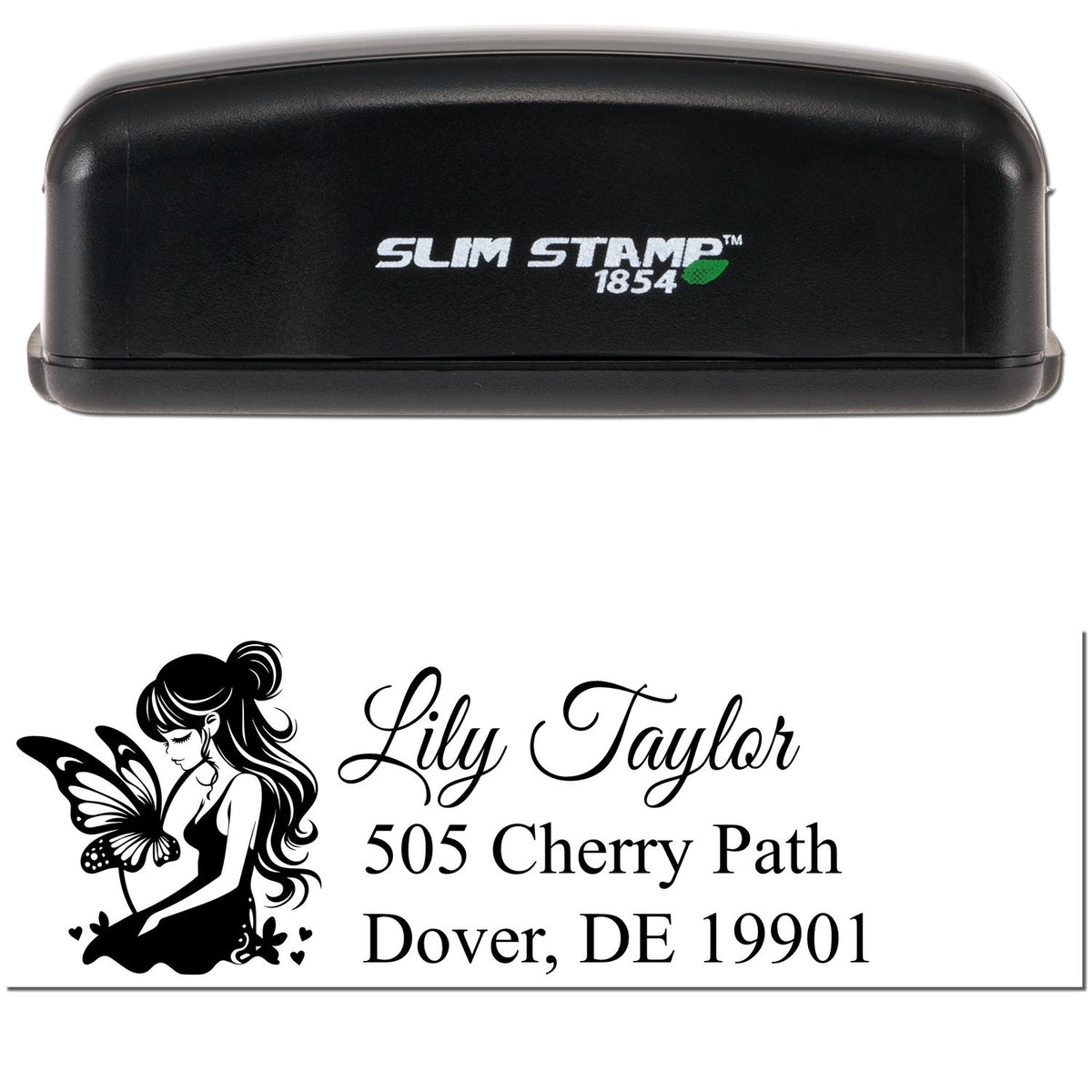 Black Slim Stamp 1854 self-inking address stamp with fairy and butterfly design, white text for Lily Taylor, Dover, DE 19901