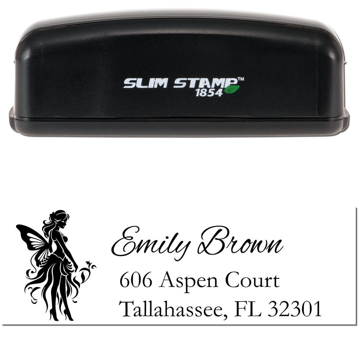 Black Slim Stamp 1854 custom address stamp and seal with fairy silhouette, Emily Brown name, black text on white background.