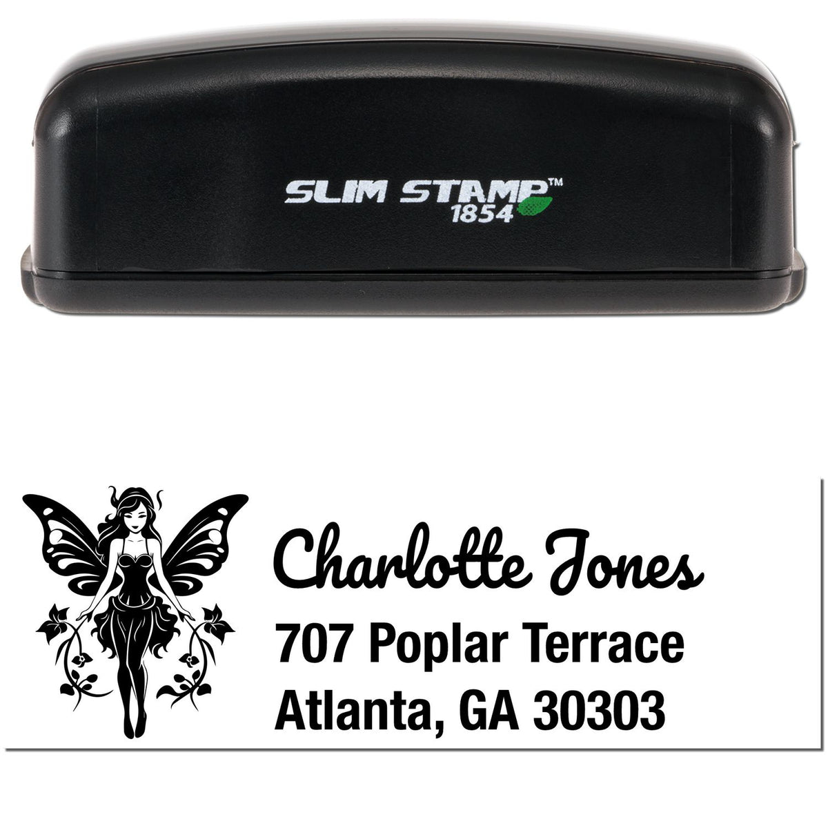 Black Slim Stamp 1854 self-inking stamp and seal with fairy logo and Charlotte Jones address in white.