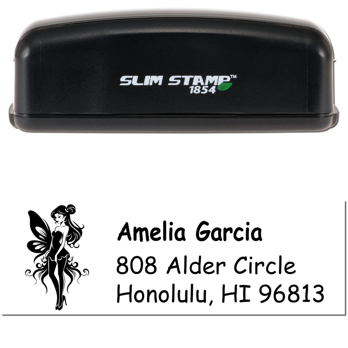 Black Slim Stamp 1854 self-inking stamp and custom seal with fairy graphic, Amelia Garcia address, on white background.