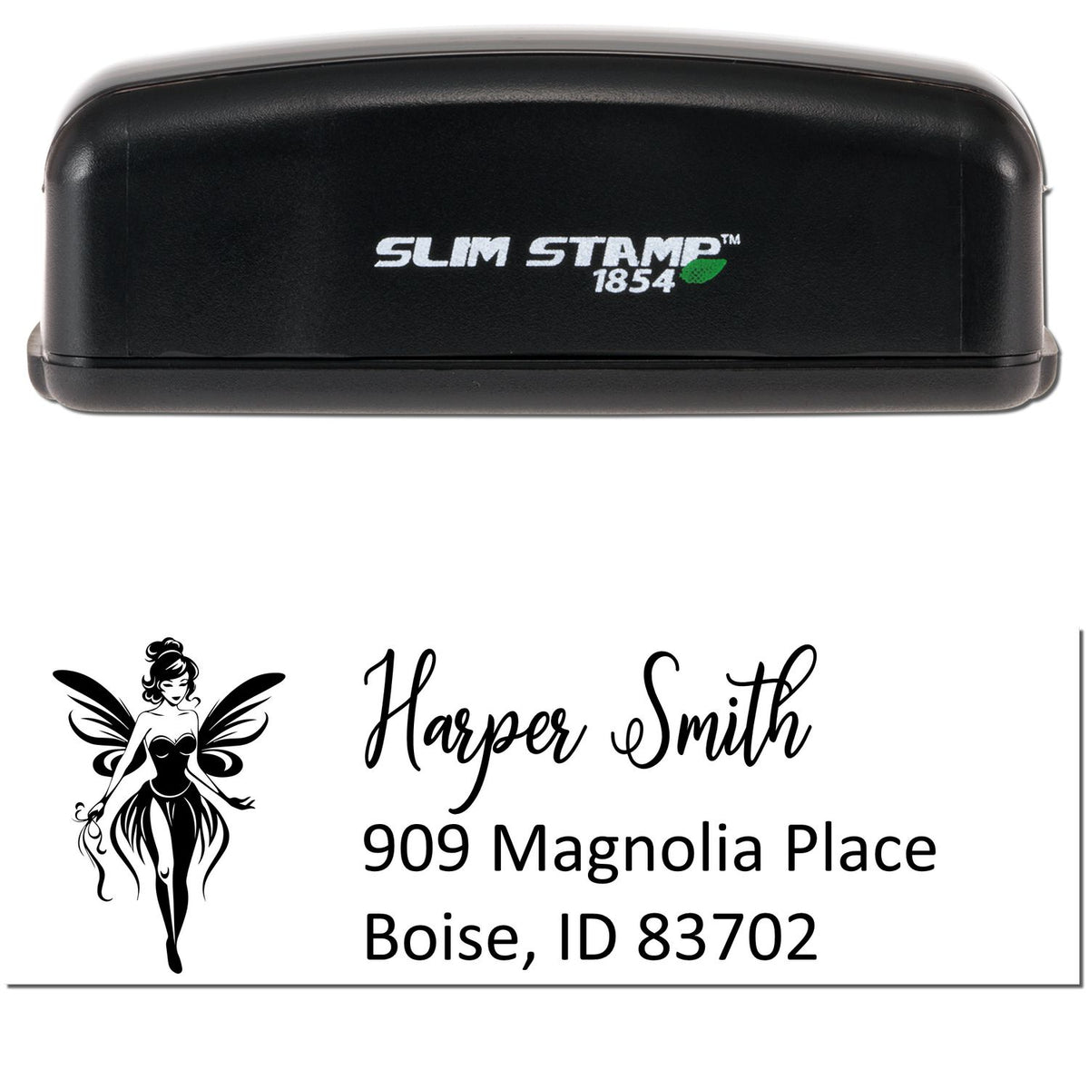 Black Slim Stamp 1854 self-inking address stamp with fairy logo and Harper Smith, Boise, ID 83702.