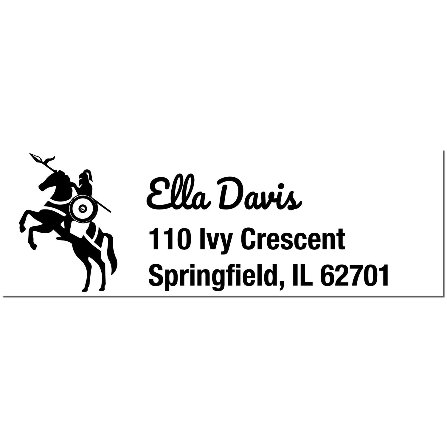 Black custom address stamp with horse rider seal, Ella Davis, 110 Ivy Crescent, Springfield, IL 62701