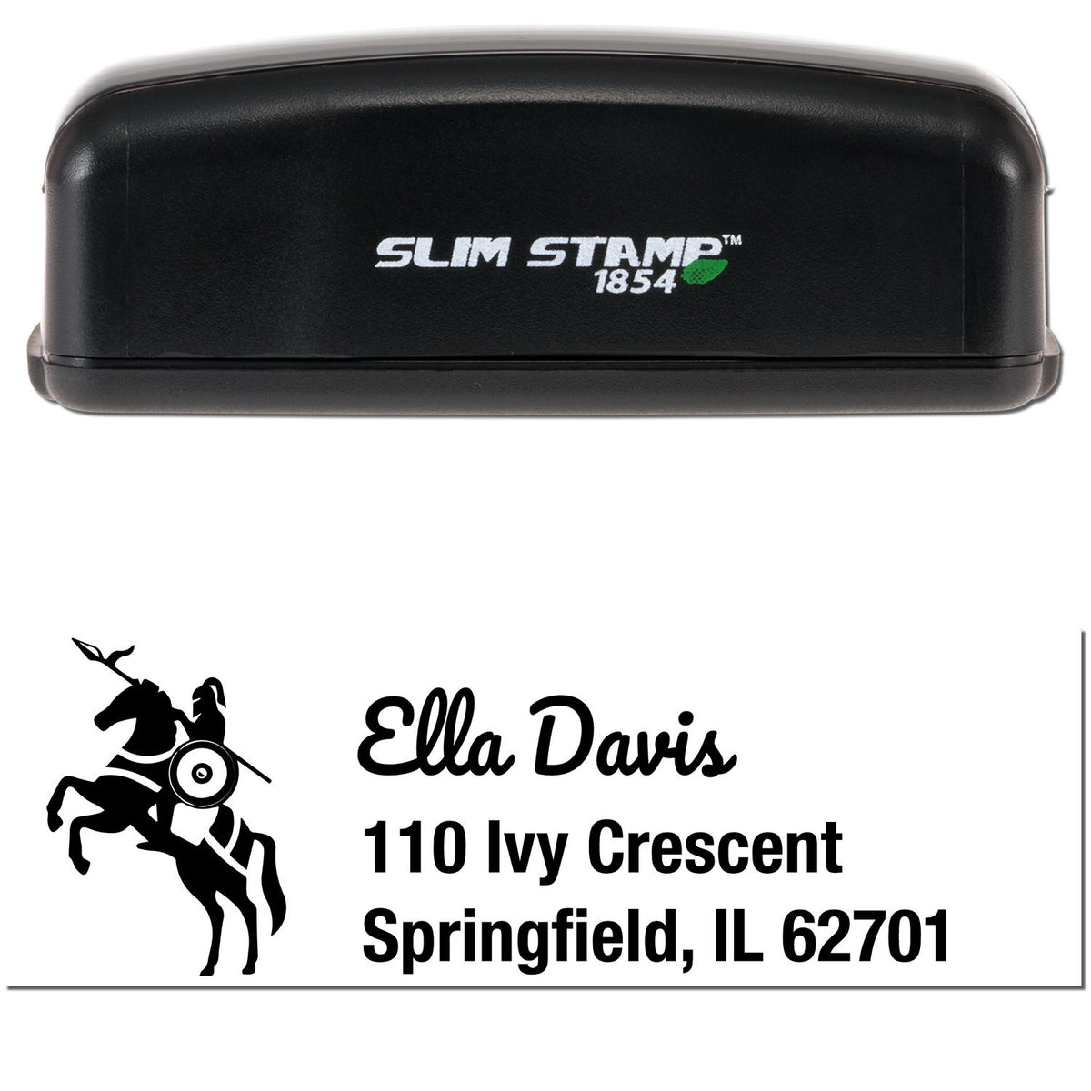 Black Slim Stamp 1854 self-inking stamp and seal with horse-and-rider emblem, Ella Davis name, and Springfield, IL address.