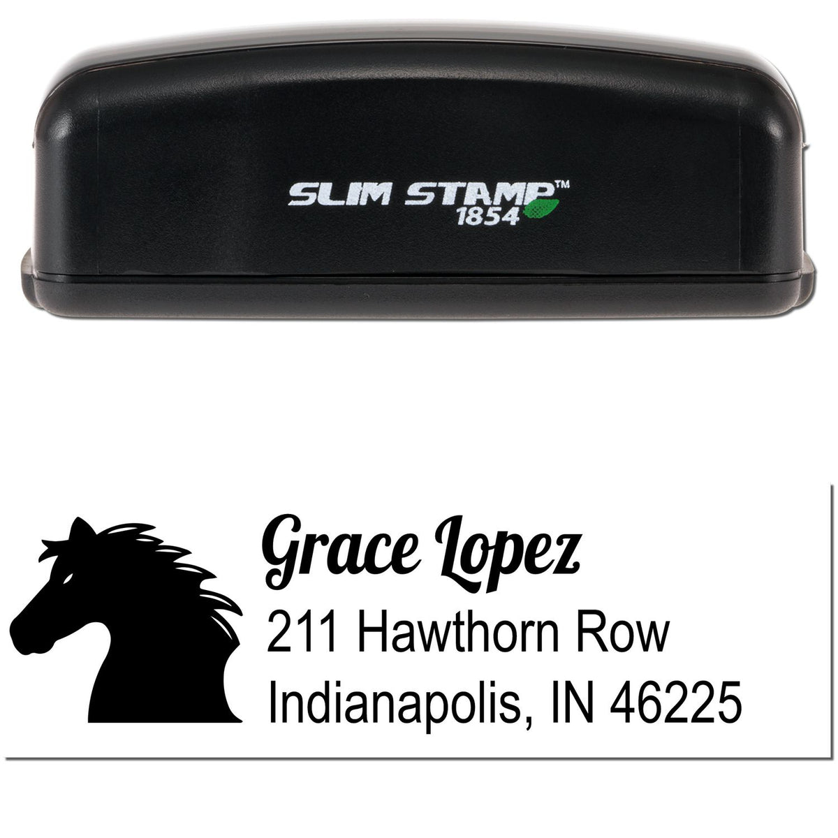 Black Slim Stamp 1854 custom address stamp with horse silhouette, Grace Lopez, and Indianapolis, IN 46225.