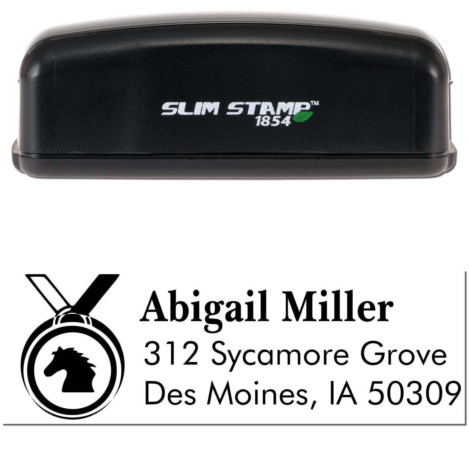Black Slim Stamp 1854 custom seal with white address text and horse-head medallion for Abigail Miller.