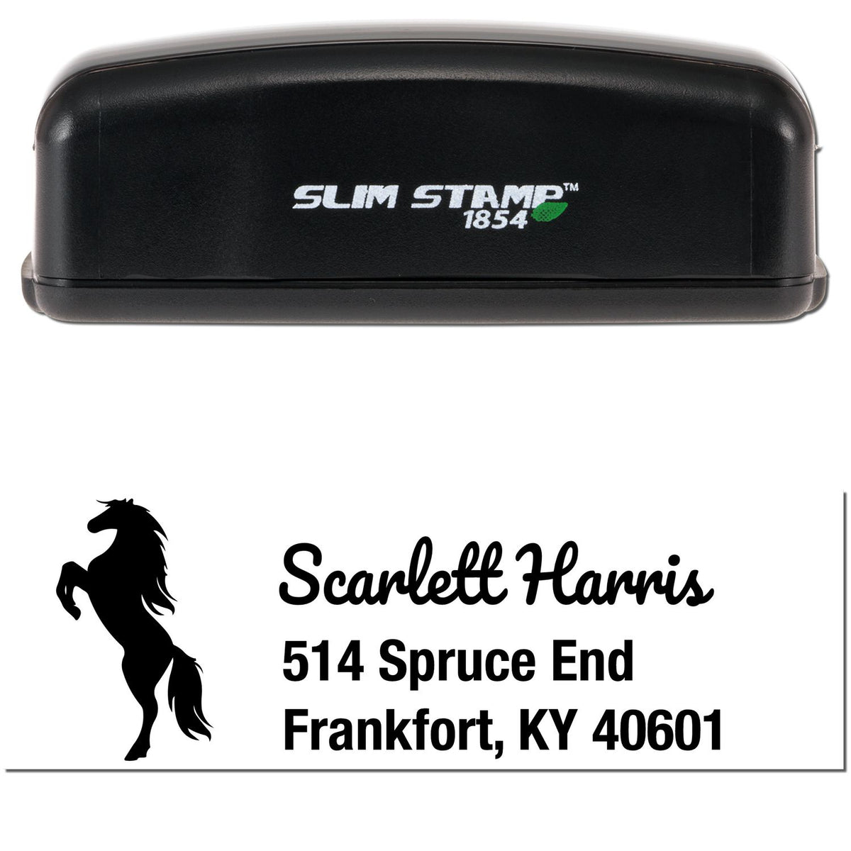 Black Slim Stamp 1854 self-inking stamp and seal with horse logo and custom Scarlett Harris address in black text.
