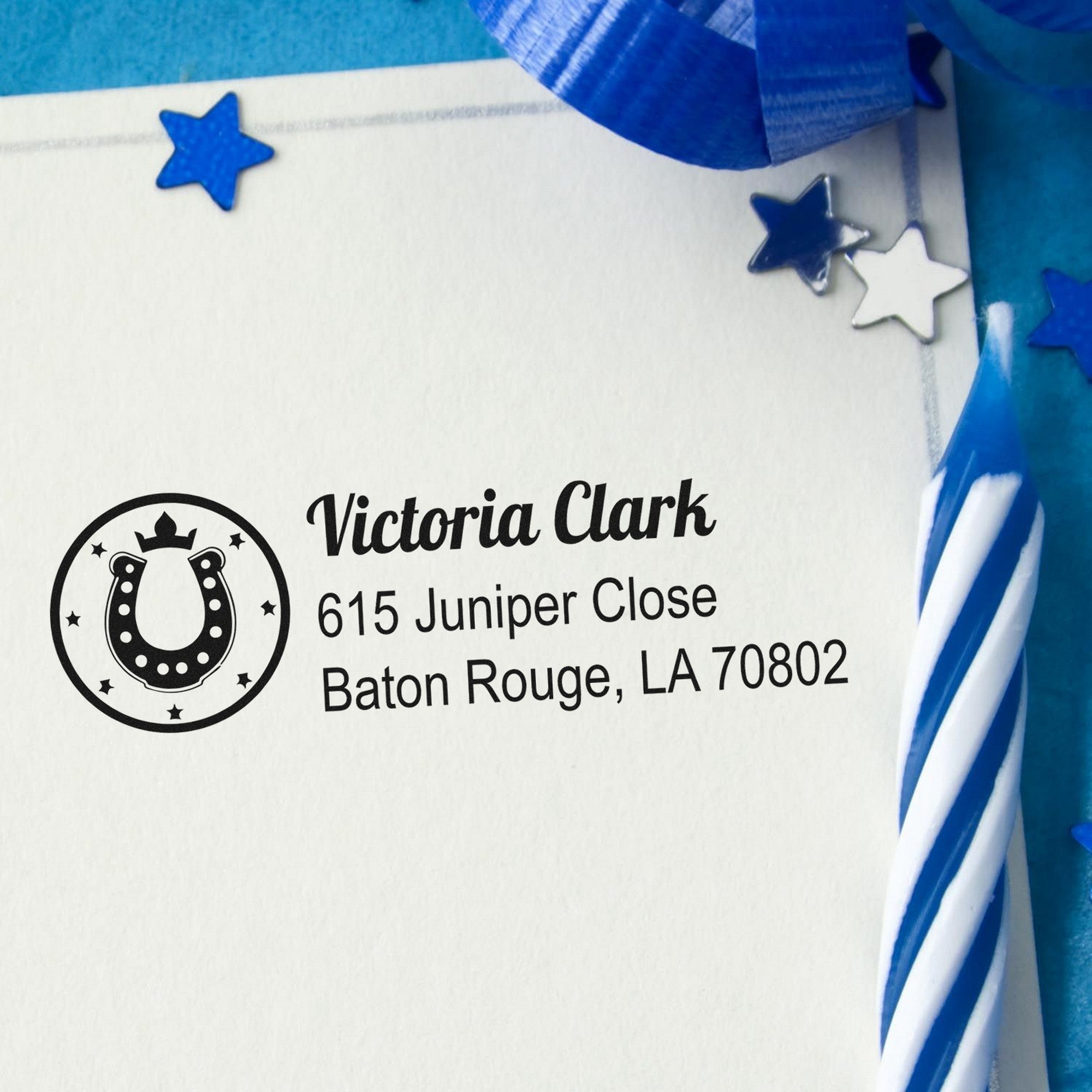 Self-Inking Lucky Horseshoe Equestrian Customized Name and Address Stamp - Engineer Seal Stamps
