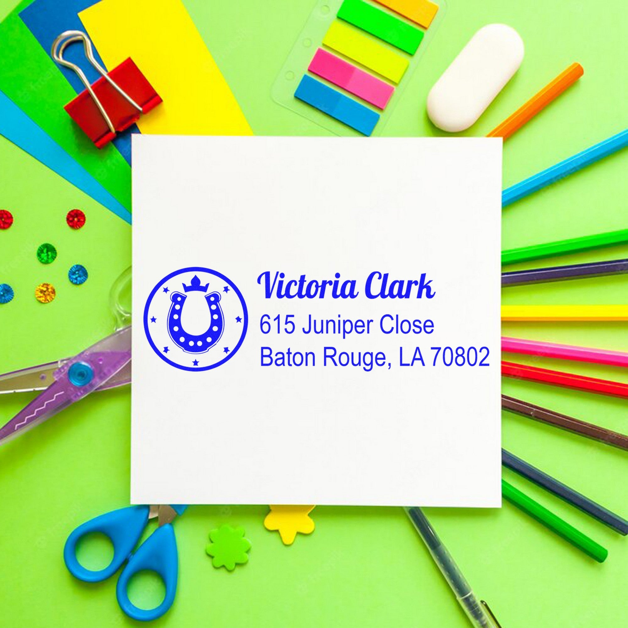 Self-Inking Lucky Horseshoe Equestrian Customized Name and Address Stamp - Engineer Seal Stamps