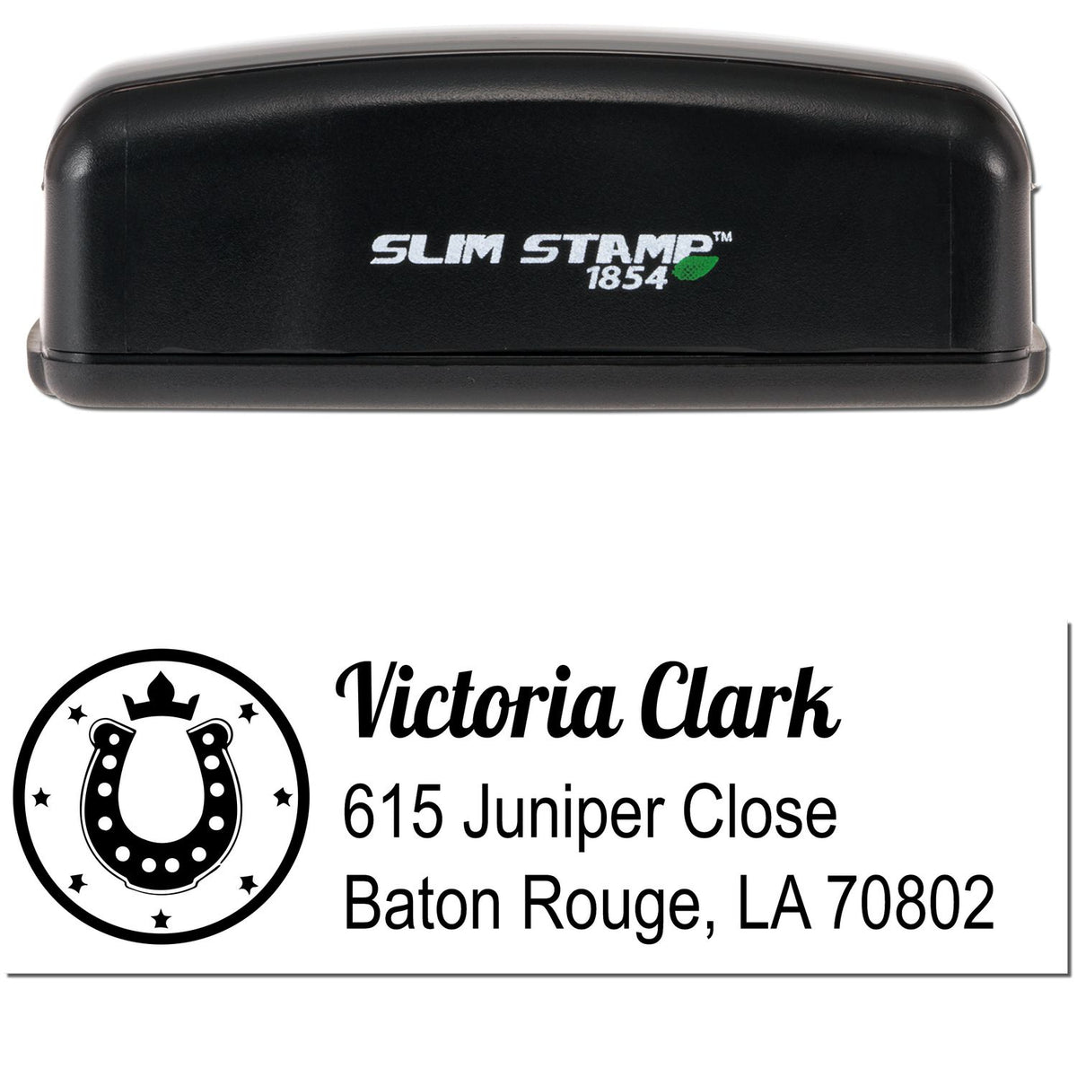 Black Slim Stamp 1854 custom address seal with horseshoe logo for Victoria Clark, Baton Rouge, LA.