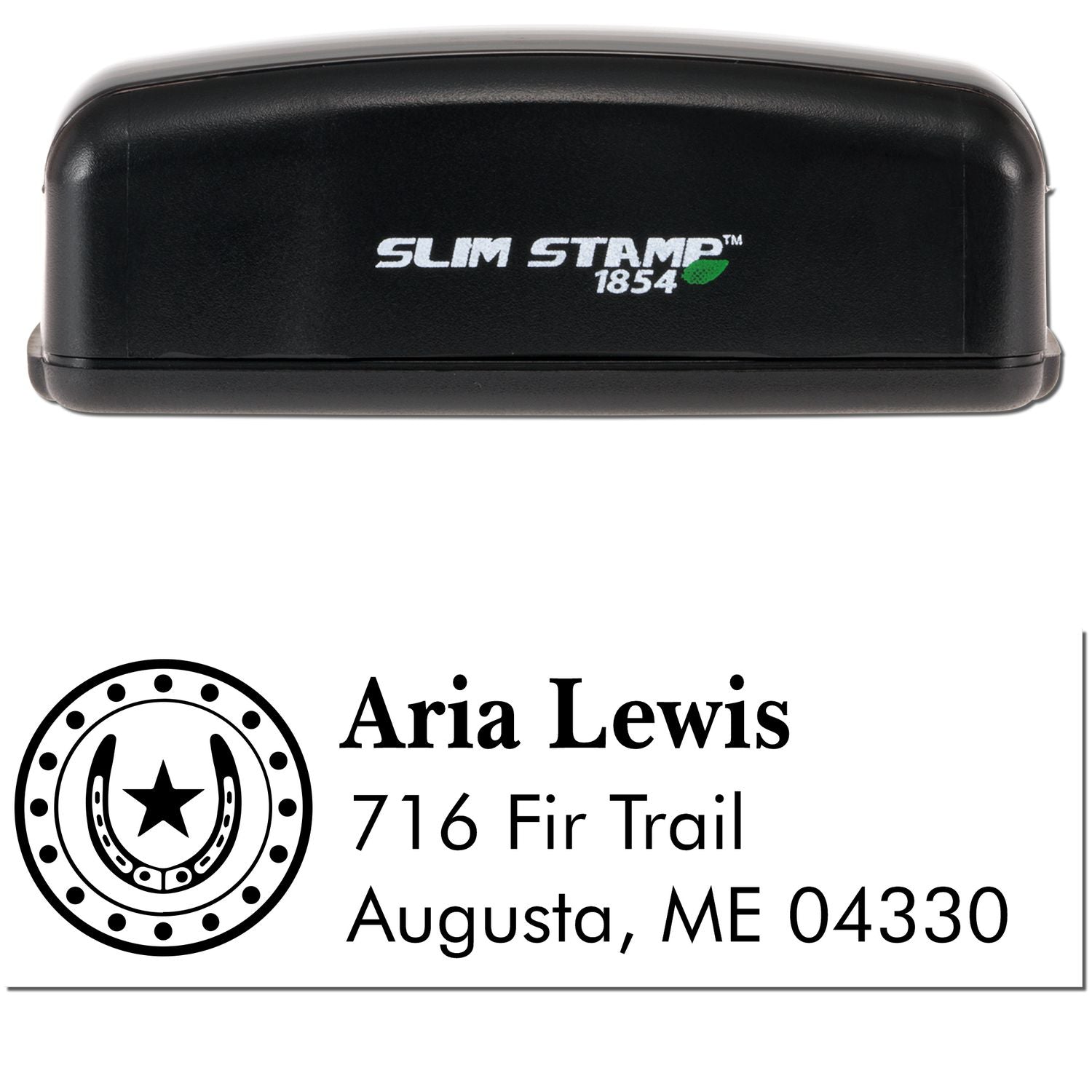 Black Slim Stamp 1854 seal with personalized name and address for Aria Lewis, Augusta, ME 04330.