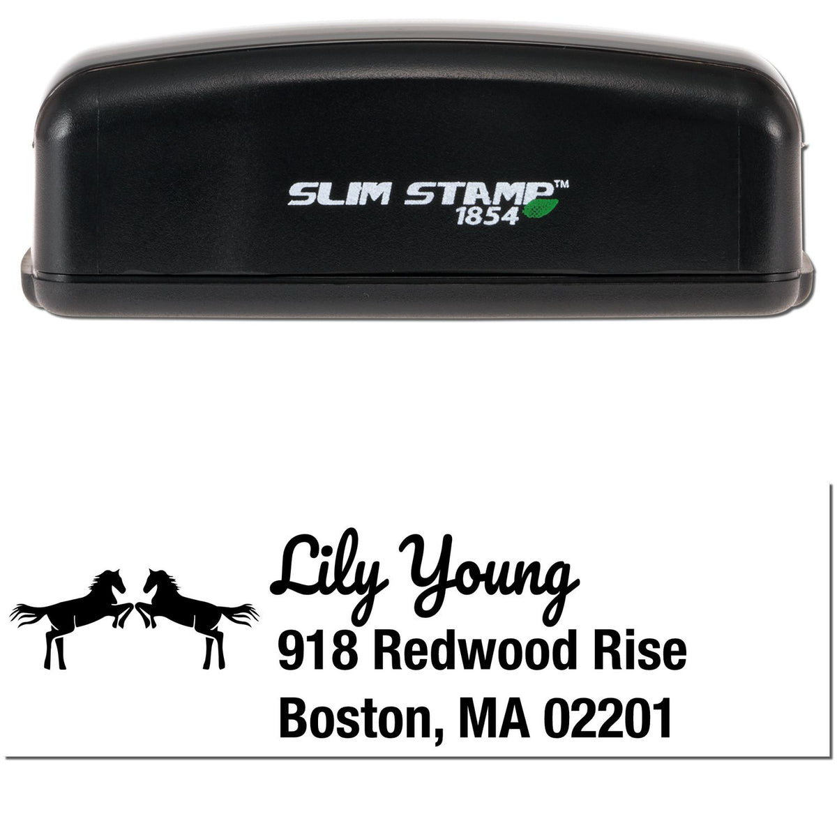Black Slim Stamp 1854 self-inking stamp with custom seal for Lily Young, Boston MA, and horse logo