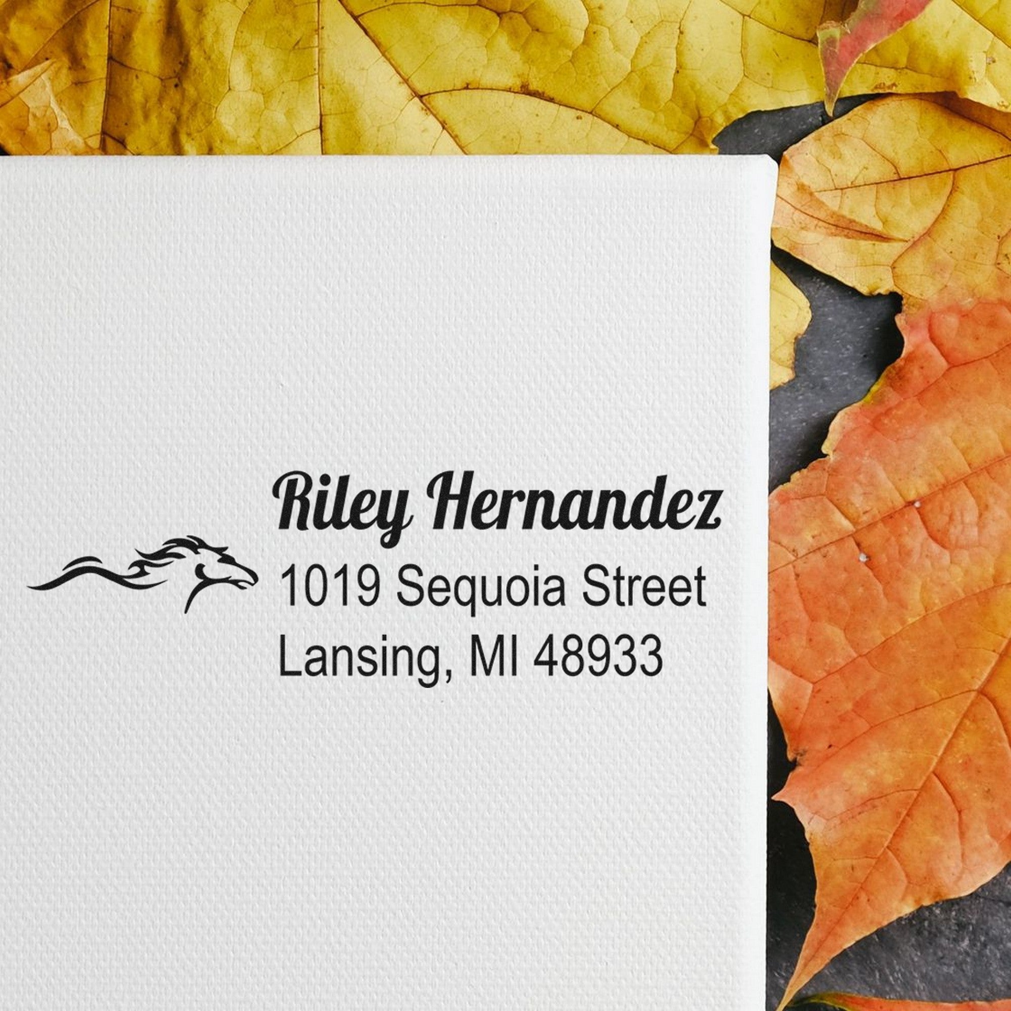 Custom stamp and seal return address card in black on white, with horse logo, framed by yellow and orange leaves.