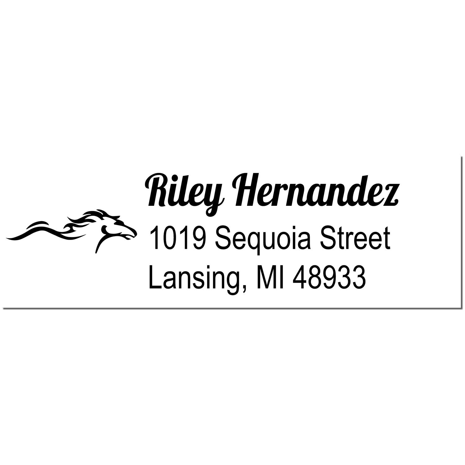 Black custom address stamp with horse logo, Riley Hernandez, 1019 Sequoia Street, Lansing, MI 48933 on white background.