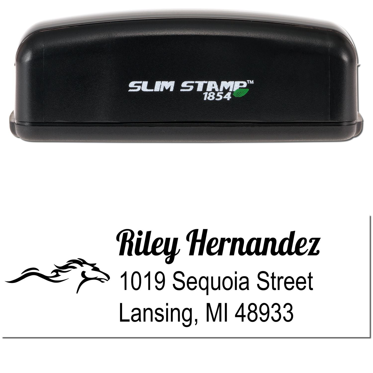 Black Slim Stamp 1854 self-inking address stamp with white text and horse logo for Riley Hernandez, Lansing, MI.